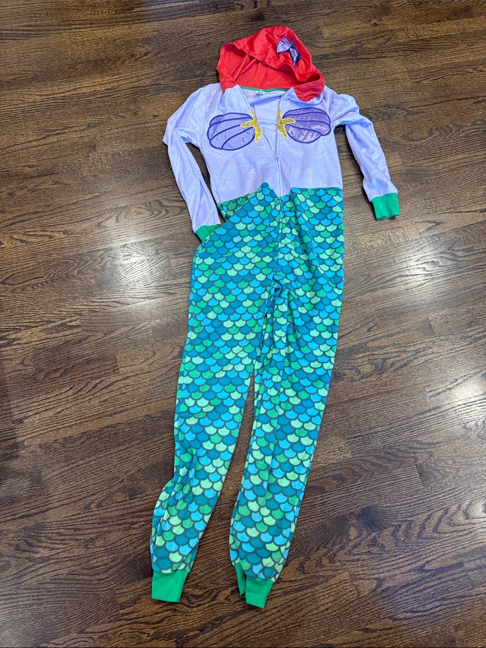 Woman’s xs Disney ' Mermaid One-Piece Hoodie Pajamas - Teal & Purple - Picture 2 of 4